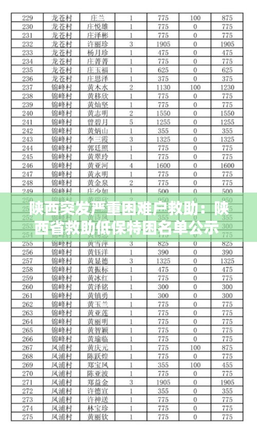 陜西突發(fā)嚴(yán)重困難戶救助：陜西省救助低保特困名單公示 
